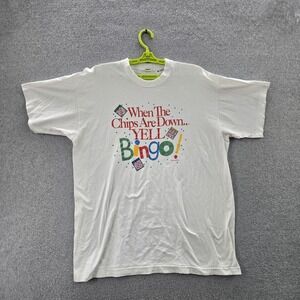 VINTAGE Bingo Men Shirt XL White Single Stitch Screen Stars Peacock Paper 90s